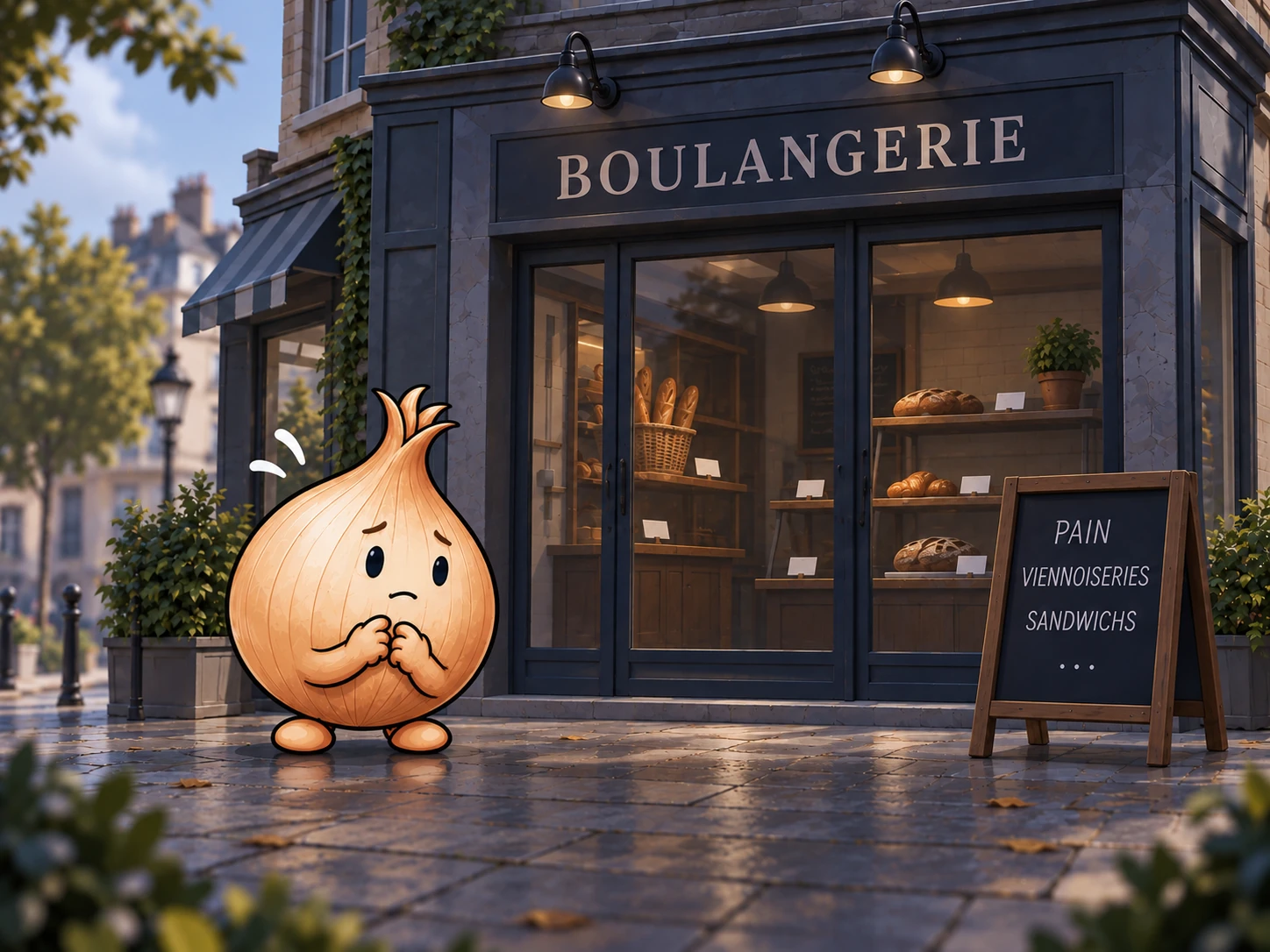 Nognon devant une boulangerie peu rassurante, hésitant à entrer.