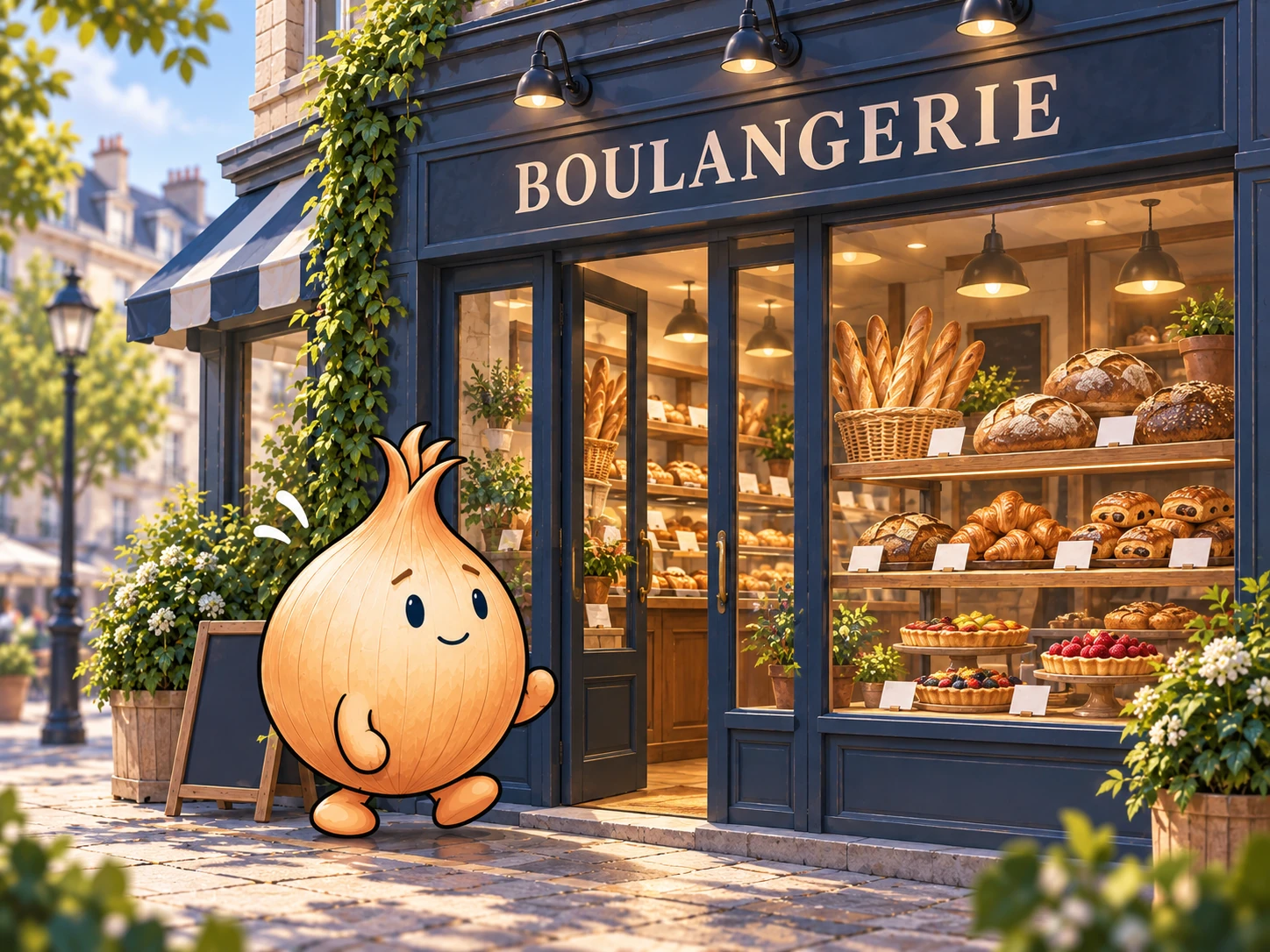 Nognon devant une boulangerie rassurante, prêt à y entrer.